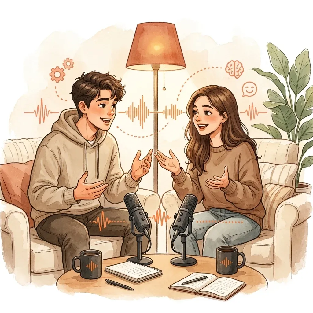 Two friends recapping on a couch with mics on a low coffee table