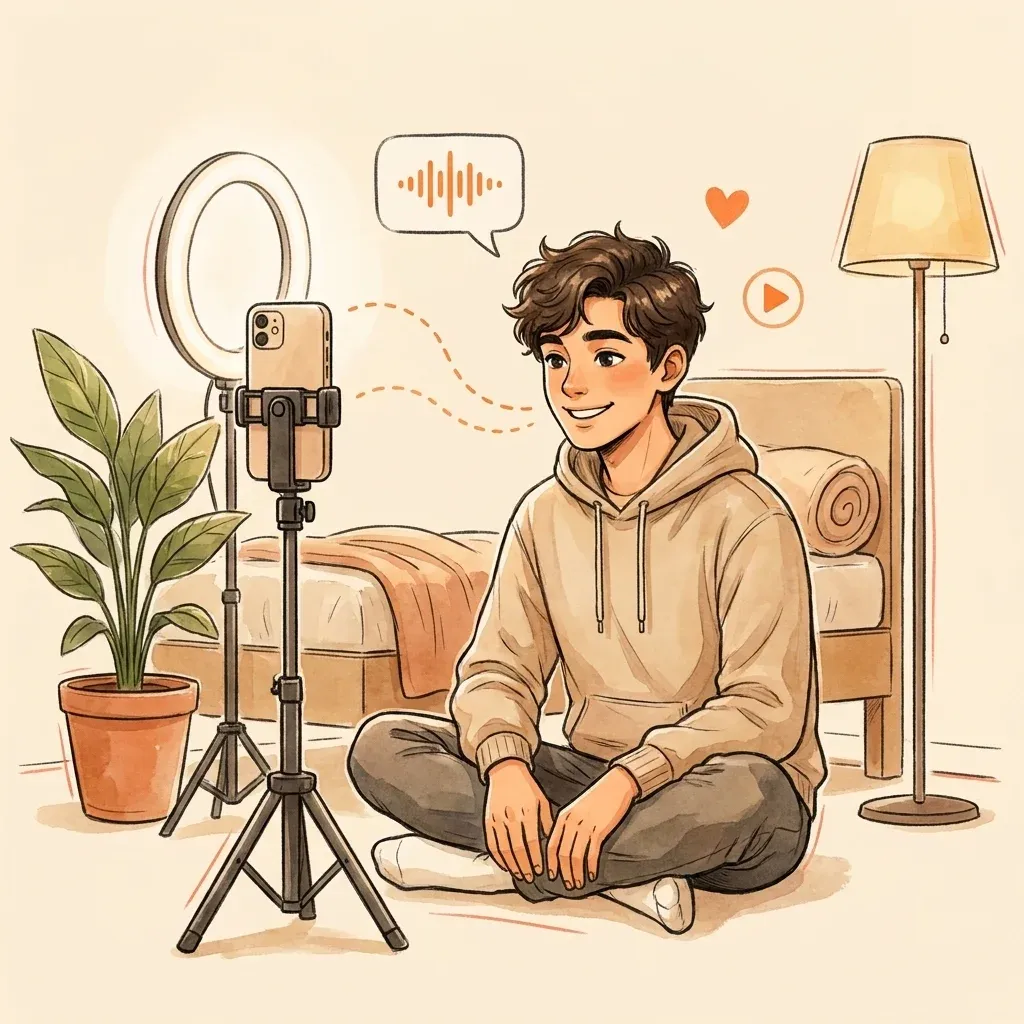 Young creator filming a TikTok with a phone tripod and ring light