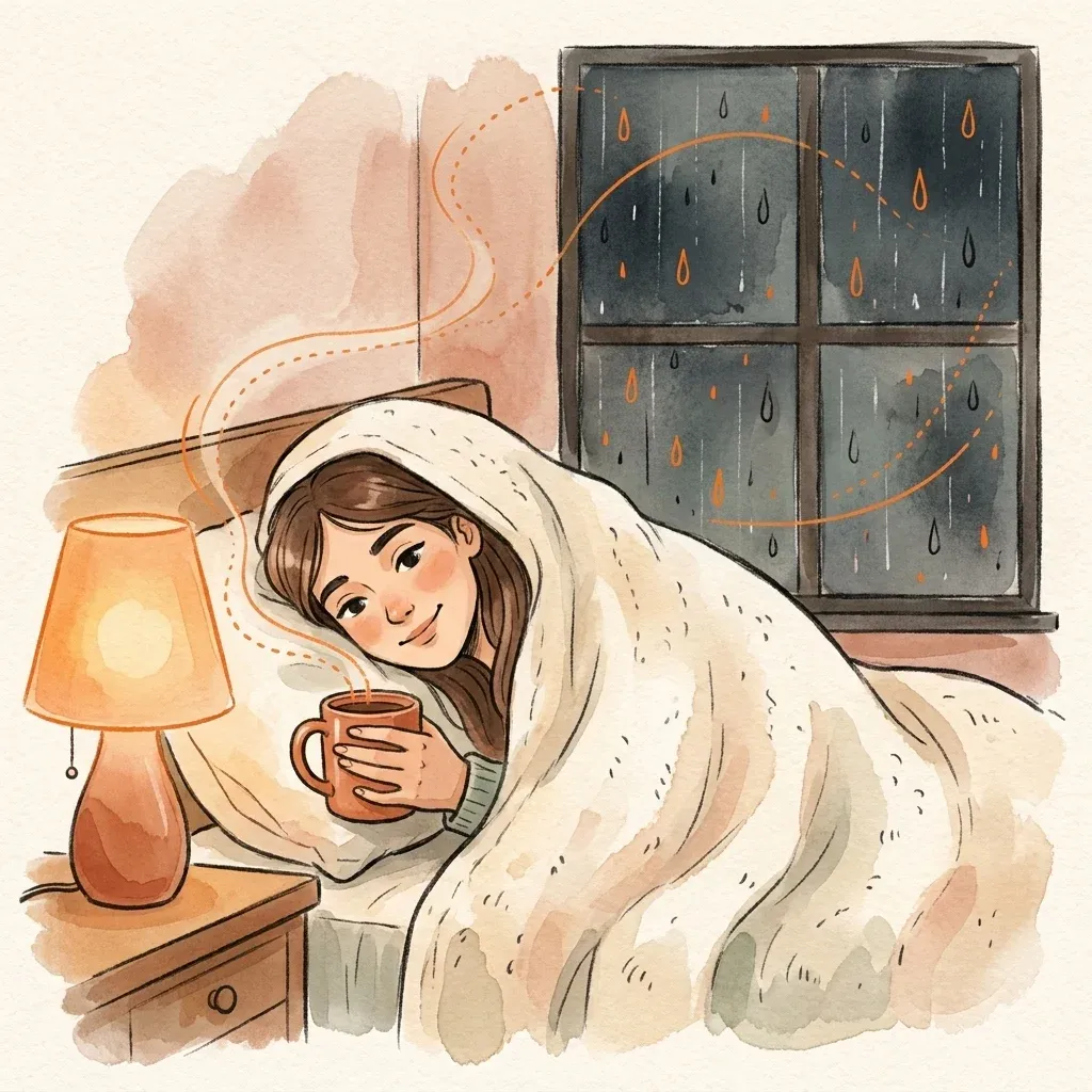 Person curled under a blanket in bed with a steaming mug, rainy window behind