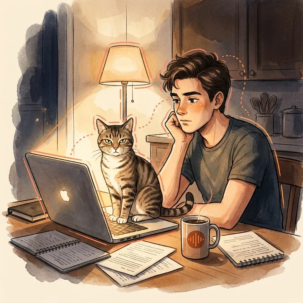Man at a kitchen table at night with a judgmental cat on his laptop
