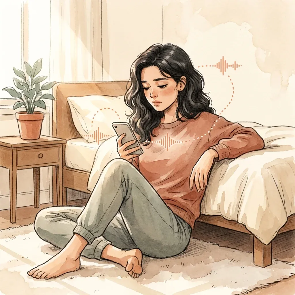 Young woman sitting on a bedroom floor leaning against a bed, holding a phone