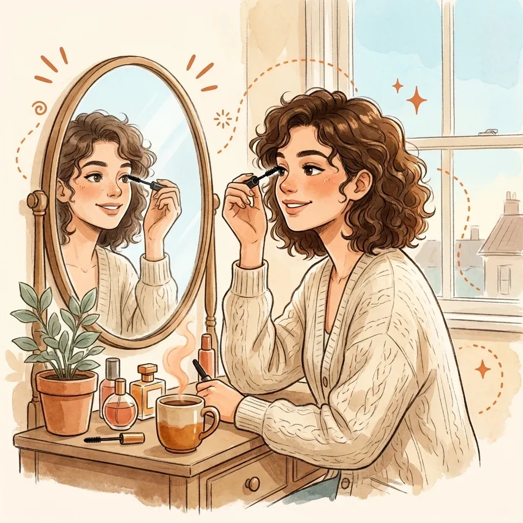 Woman at a vanity mirror in soft morning light applying mascara