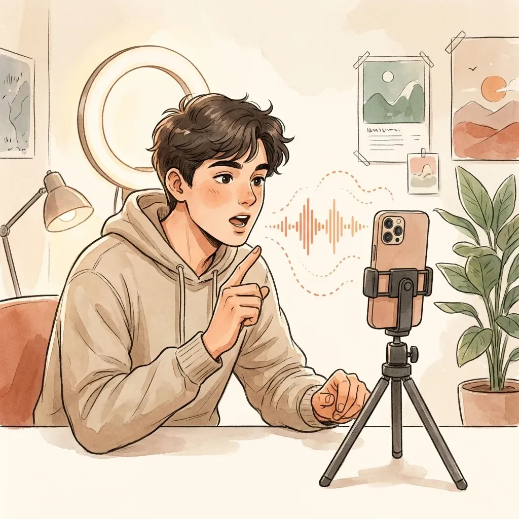 Young creator gesturing at a phone tripod with a ring light