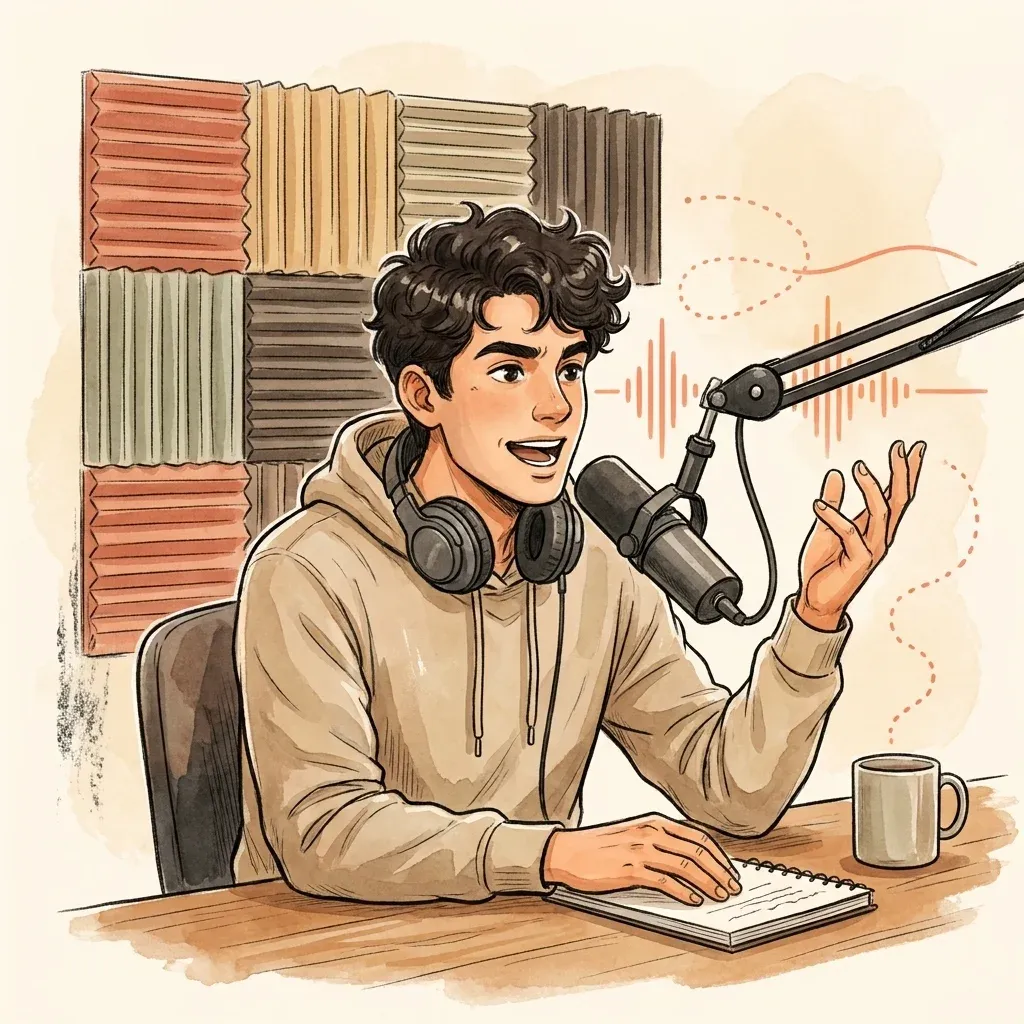 Man at a podcast desk leaning into a microphone, gesturing emphatically