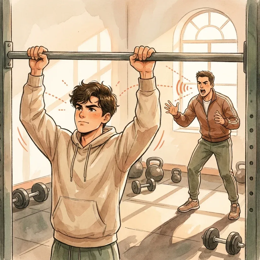 Young man mid-pull-up with a coach behind him gesturing emphatically