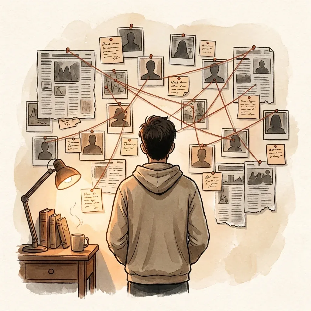 Figure in front of a wall covered in pinned photos and red string