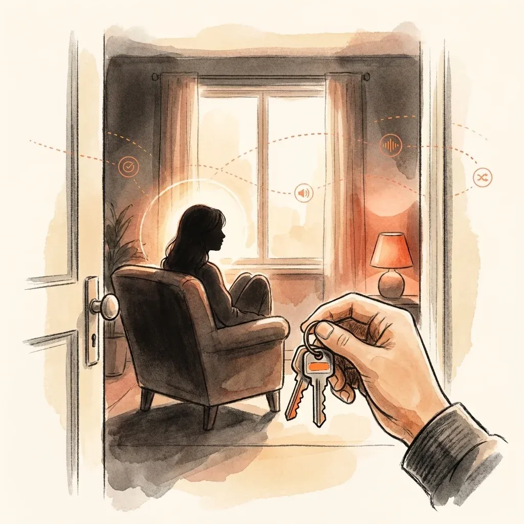 Doorway view: silhouetted figure waiting in a dim apartment, hand with keys in foreground