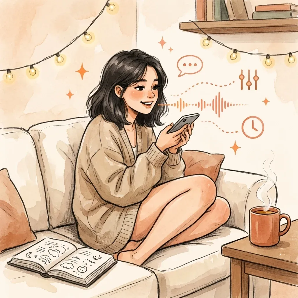Woman on a couch with fairy lights, holding a phone close to her face