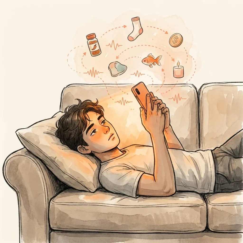 Person on a couch at night with floating algorithm-icon cloud above their phone