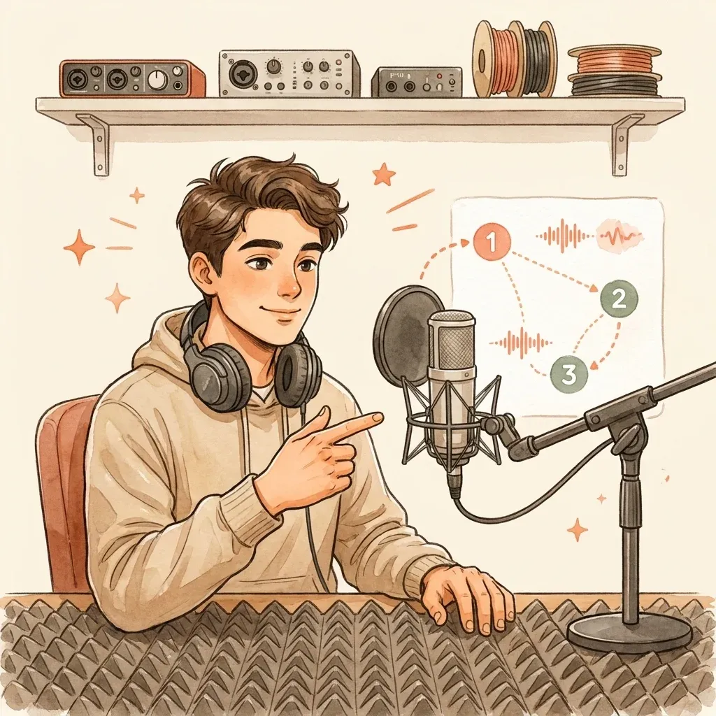 Creator at a sound-treated desk pointing at a microphone with a numbered diagram