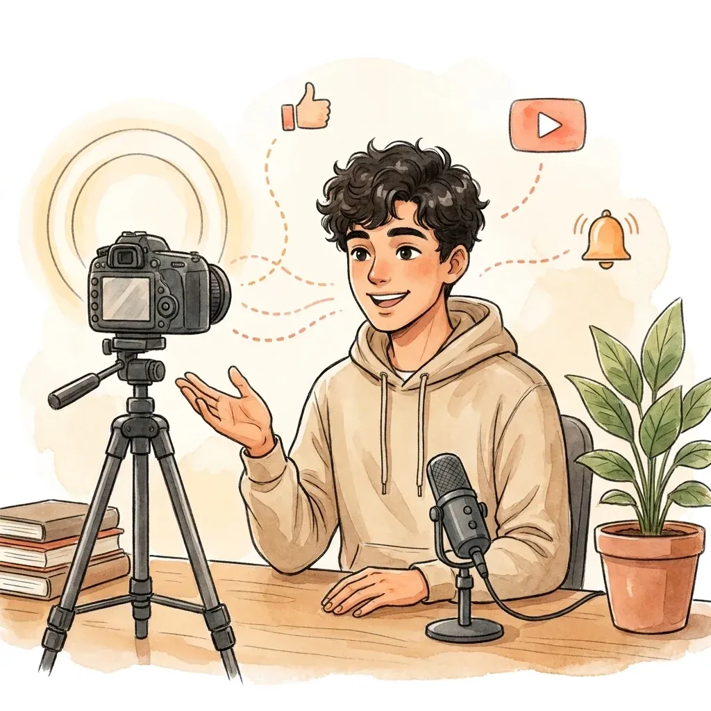 Young YouTube creator filming a video with a camera, ring light, and floating UI hints