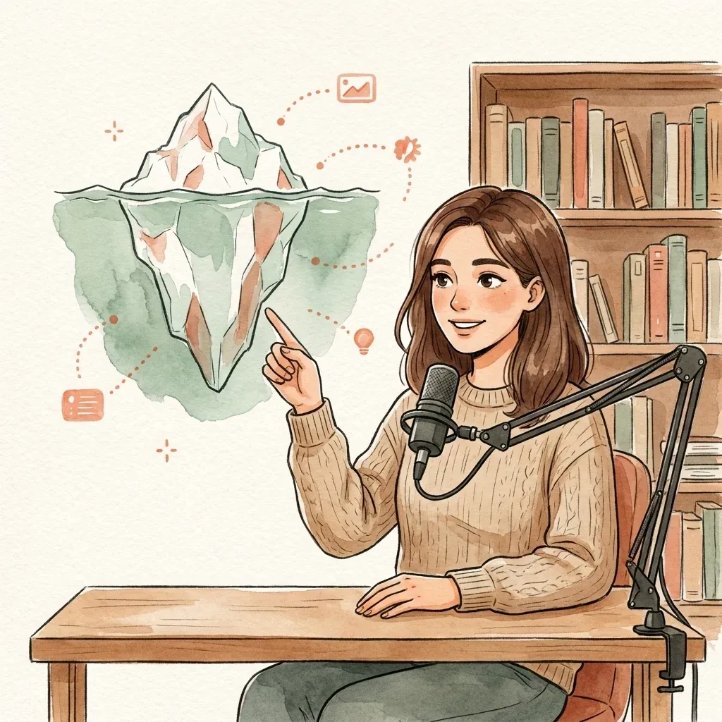 Educator pointing at a floating illustrated iceberg cross-section diagram