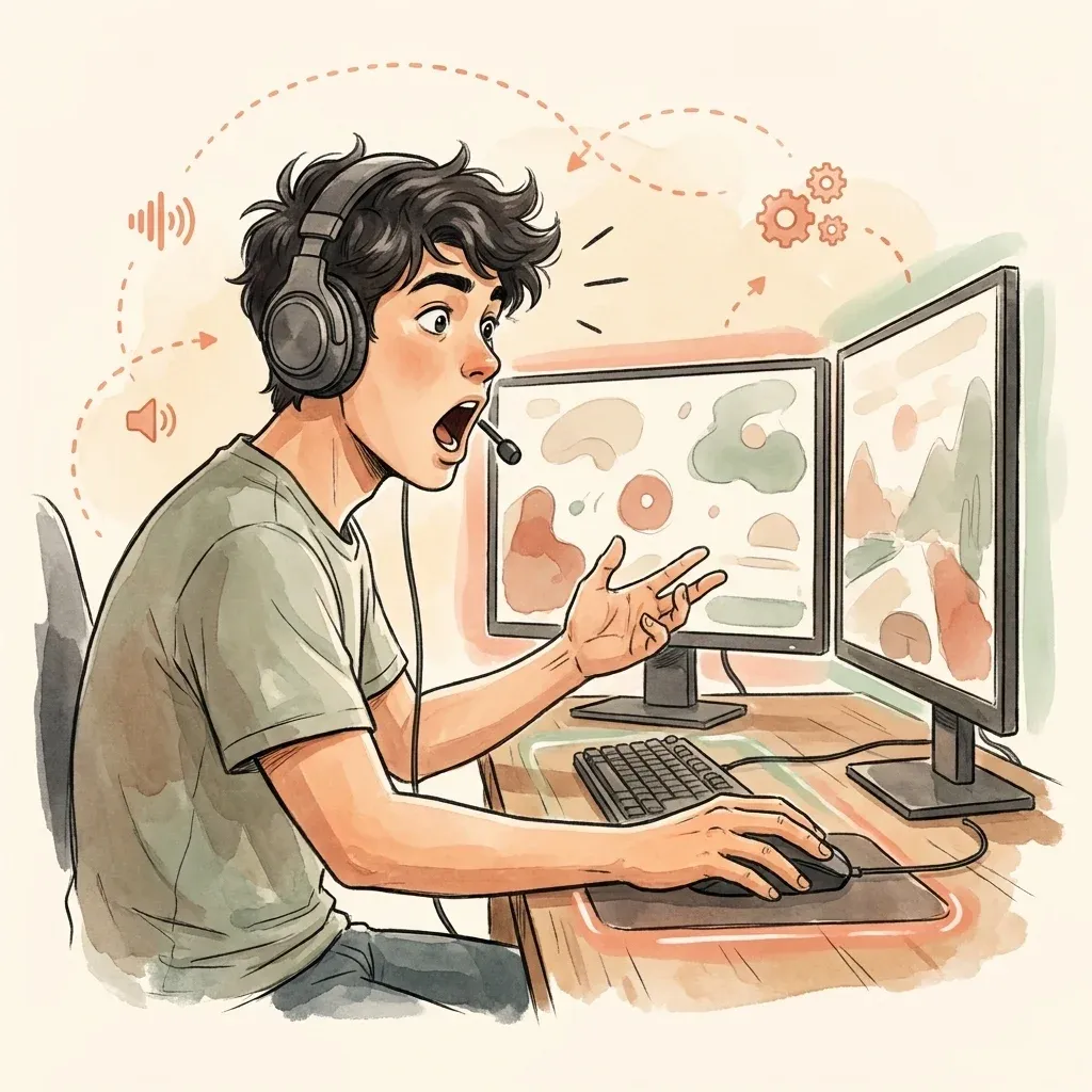 Young gamer at a setup with monitors and headphones, mid-reaction