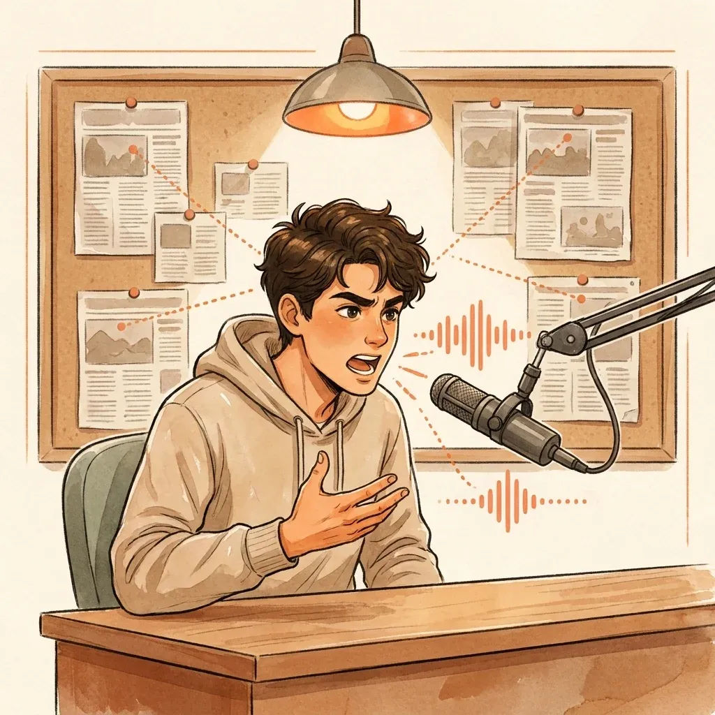Commentator at a news desk leaning into a microphone, gesturing emphatically
