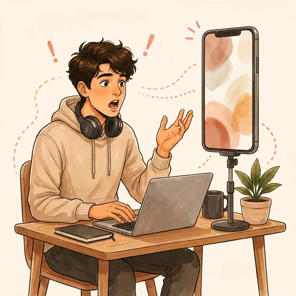 Hooded reactor at a desk with a phone showing a clip, mid-laugh