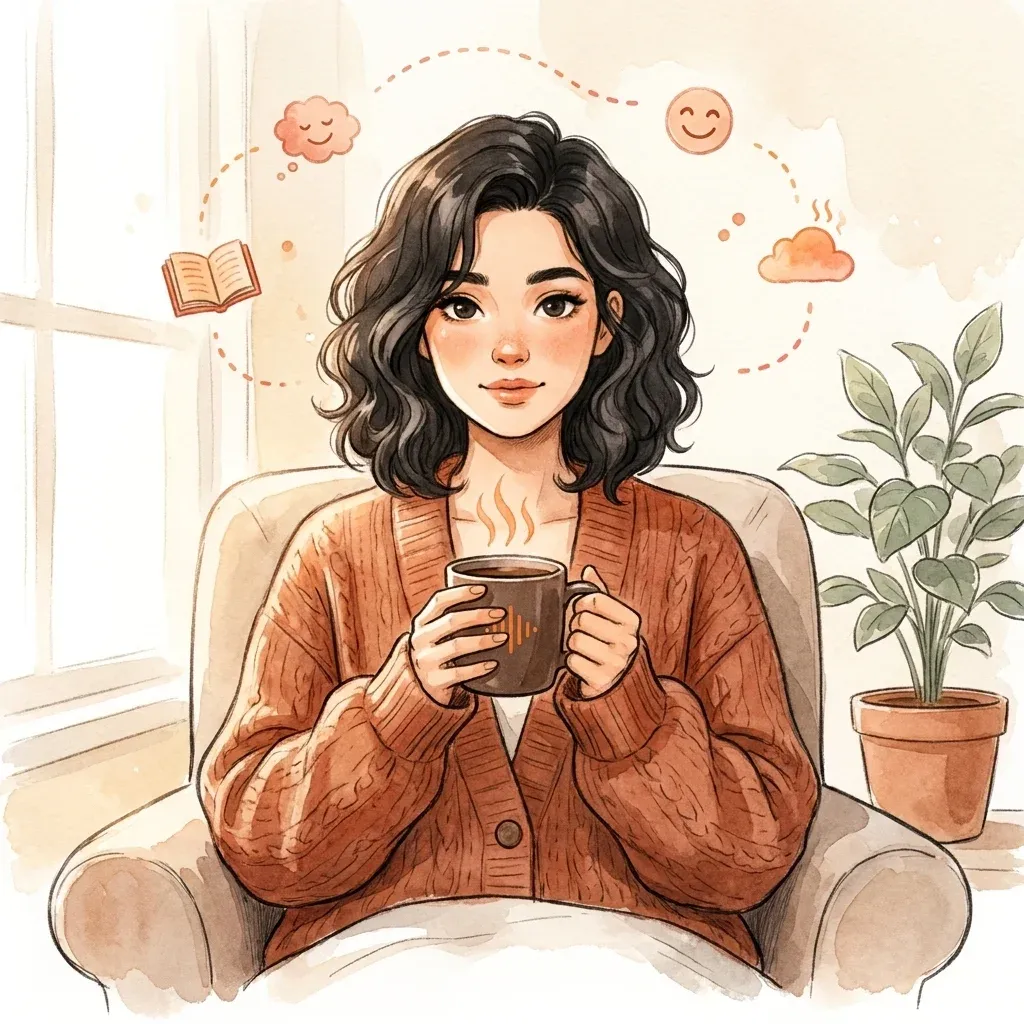 Young woman curled up in an armchair with a mug, reflective mood