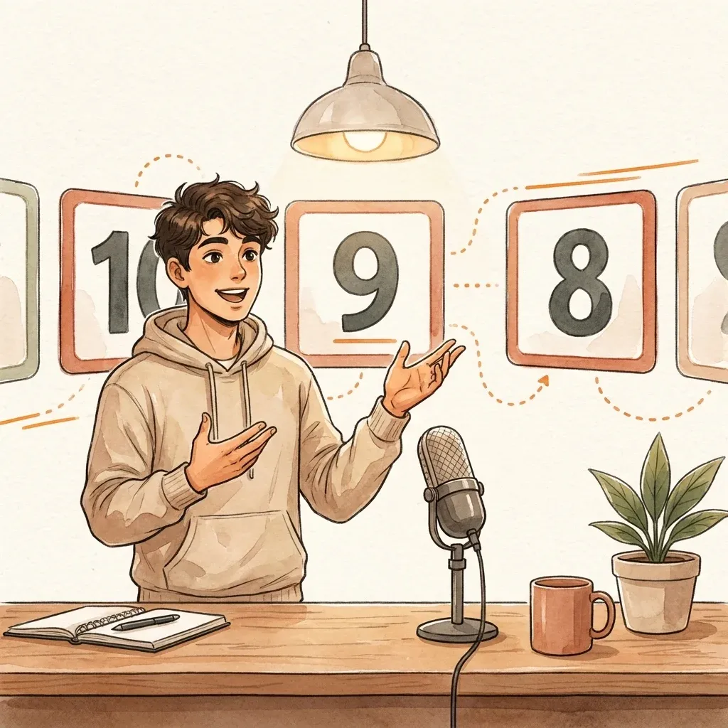 Creator gesturing toward floating numbered countdown cards