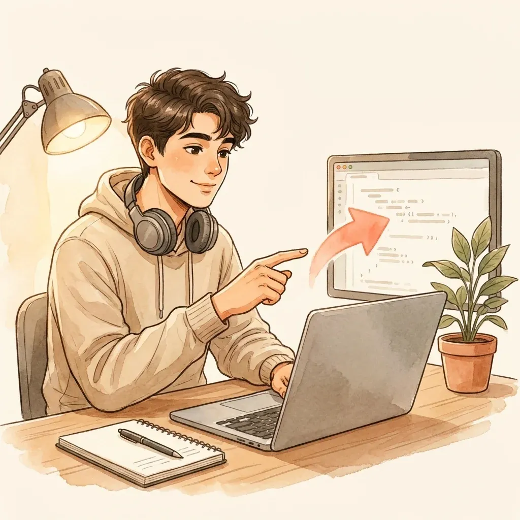 Creator at a desk pointing at a laptop screen mid-tutorial