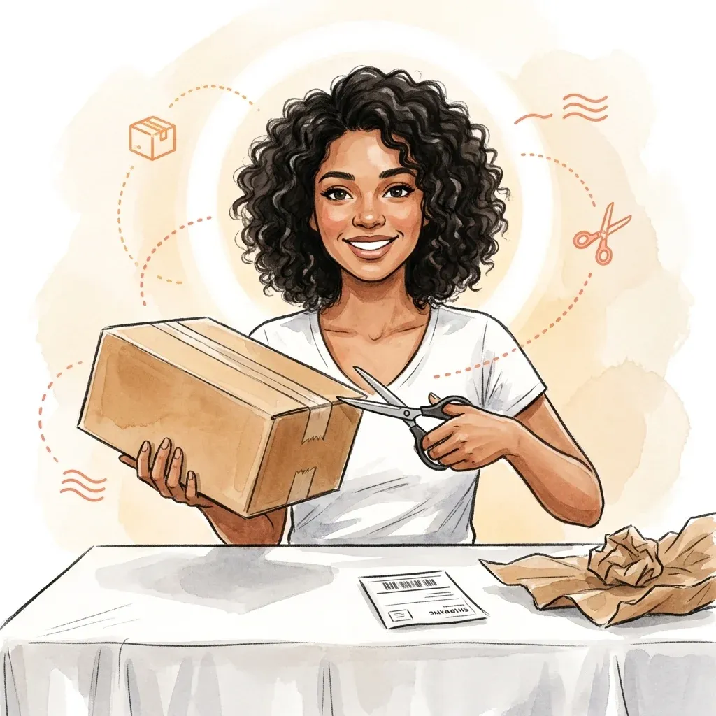 Reviewer at a clean desk holding a sealed shipping box with scissors