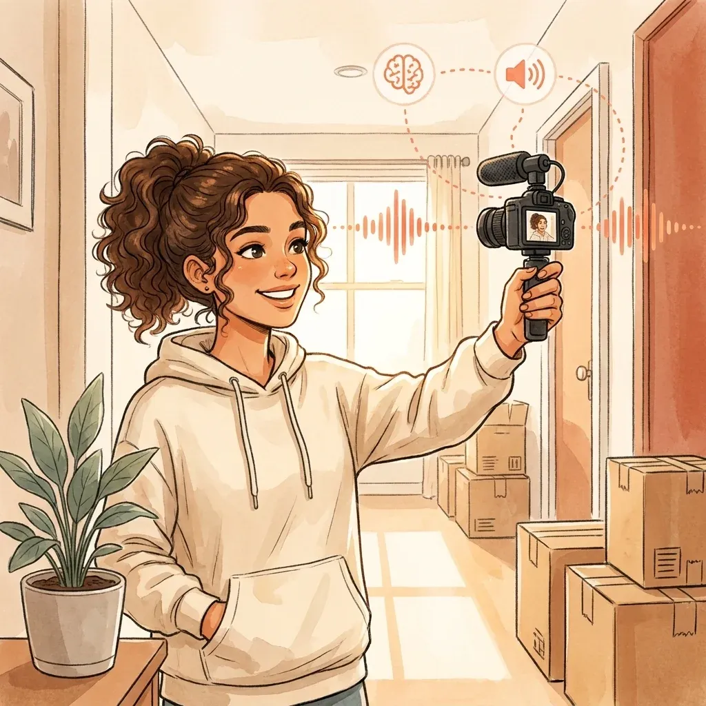 Young woman holding a handheld vlogger camera, smiling at it