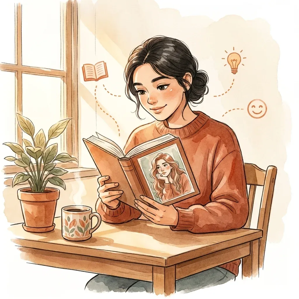 Reader looking at a character portrait inside an open book