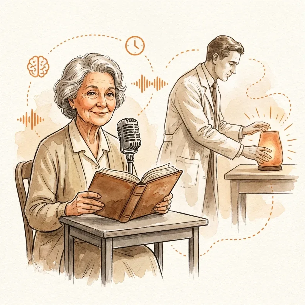 Narrator at a reading desk and an in-story character pulled from her book