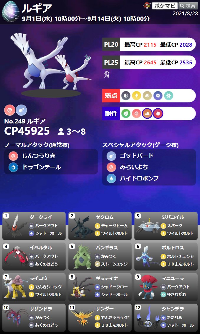 ポケモンgo 21年9月の 伝説レイドボス ルギア 期間 21 ポケモンgoニュースまとめ ラピゲー