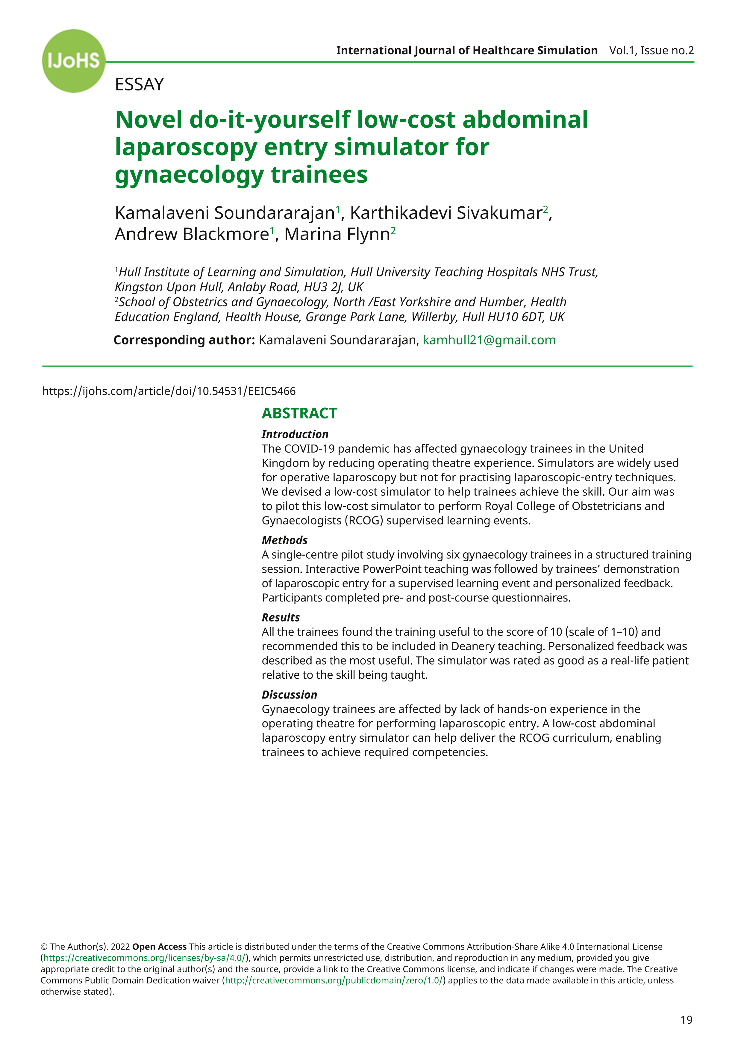 Novel do-it-yourself low-cost abdominal laparoscopy entry simulator for  gynaecology trainees