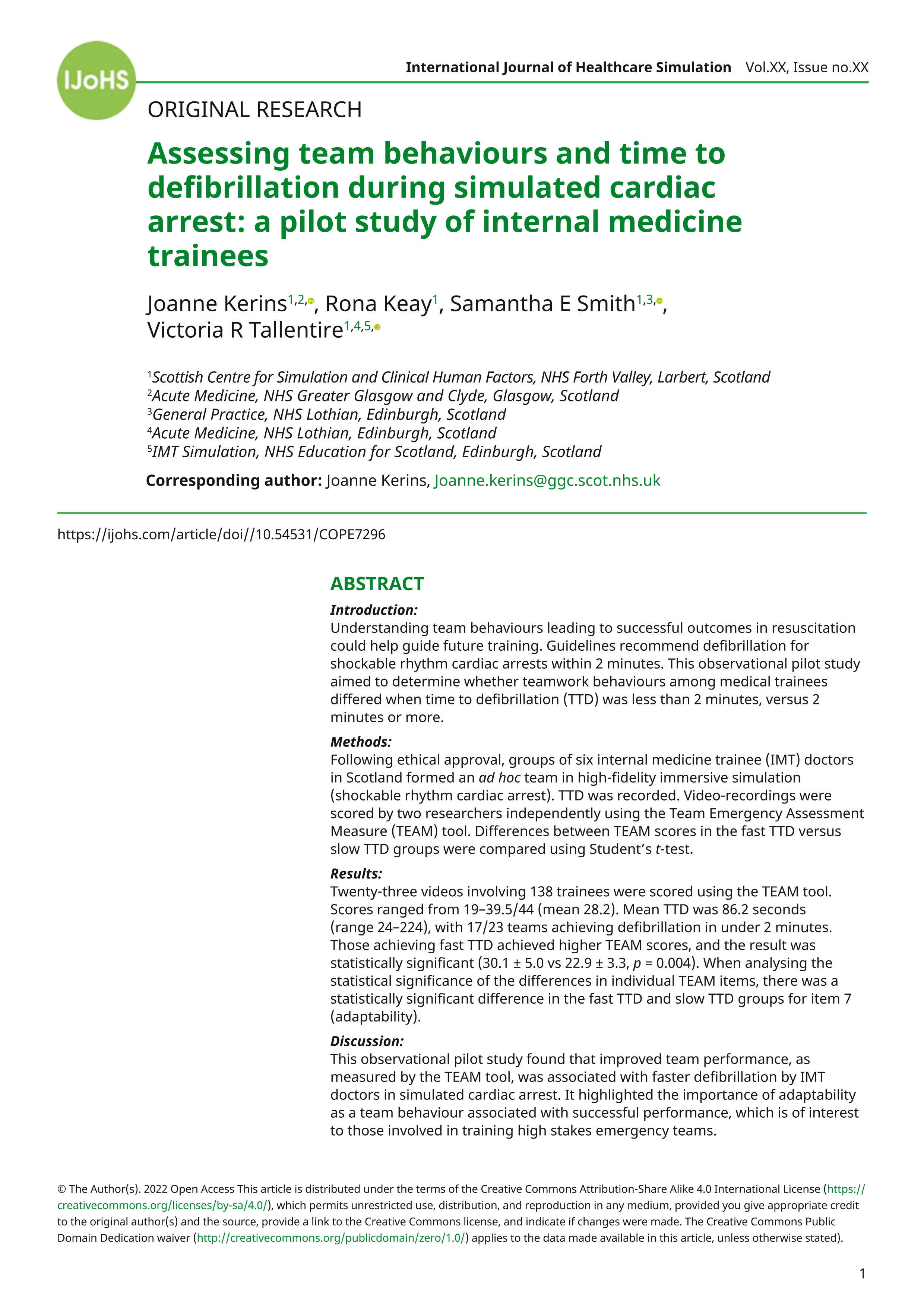 Assessing team behaviours and time to defibrillation during simulated  cardiac arrest: a pilot study of internal medicine trainees