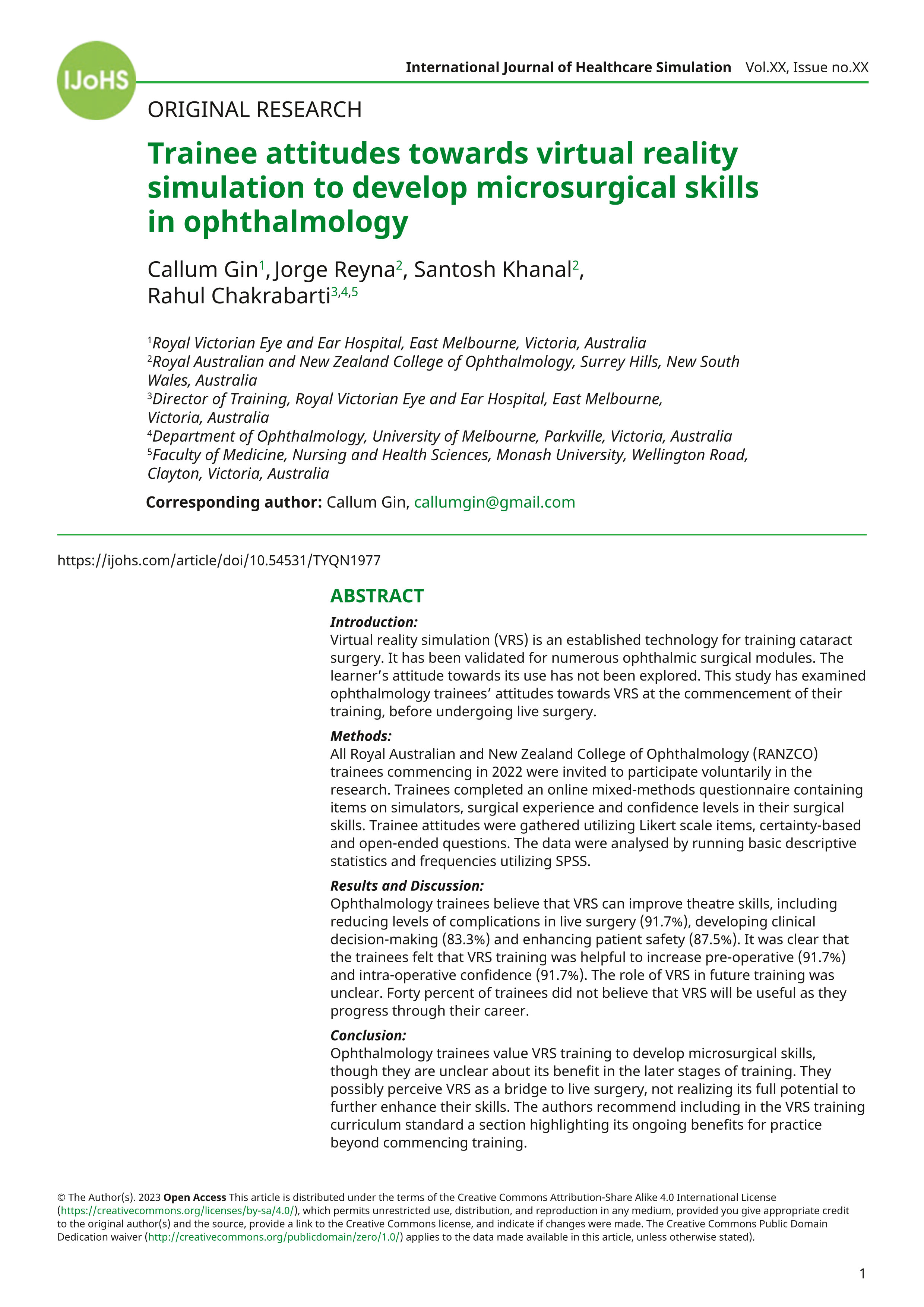 Trainee attitudes towards virtual reality simulation to develop  microsurgical skills in ophthalmology