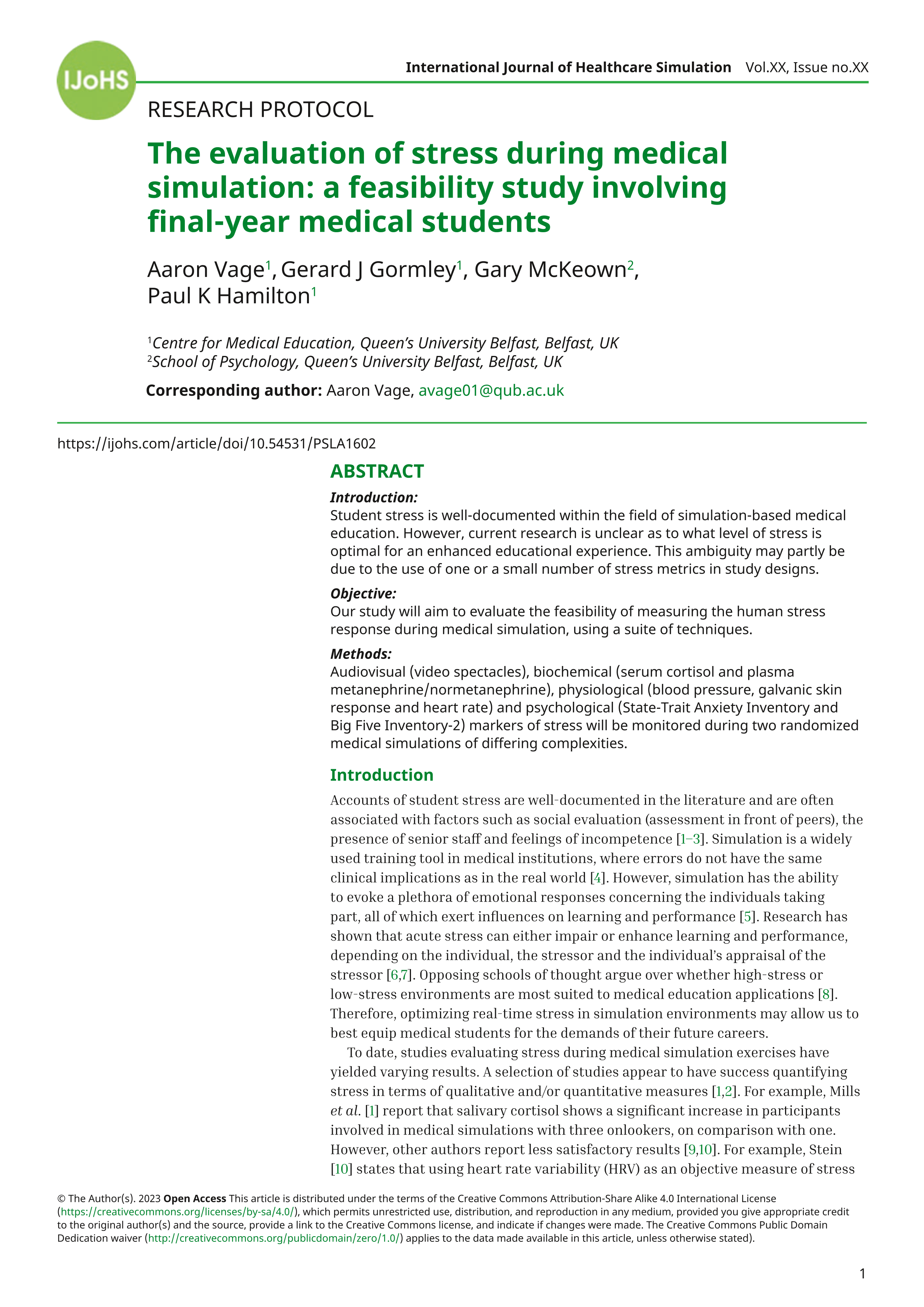 The evaluation of stress during medical simulation: a feasibility study  involving final-year medical students