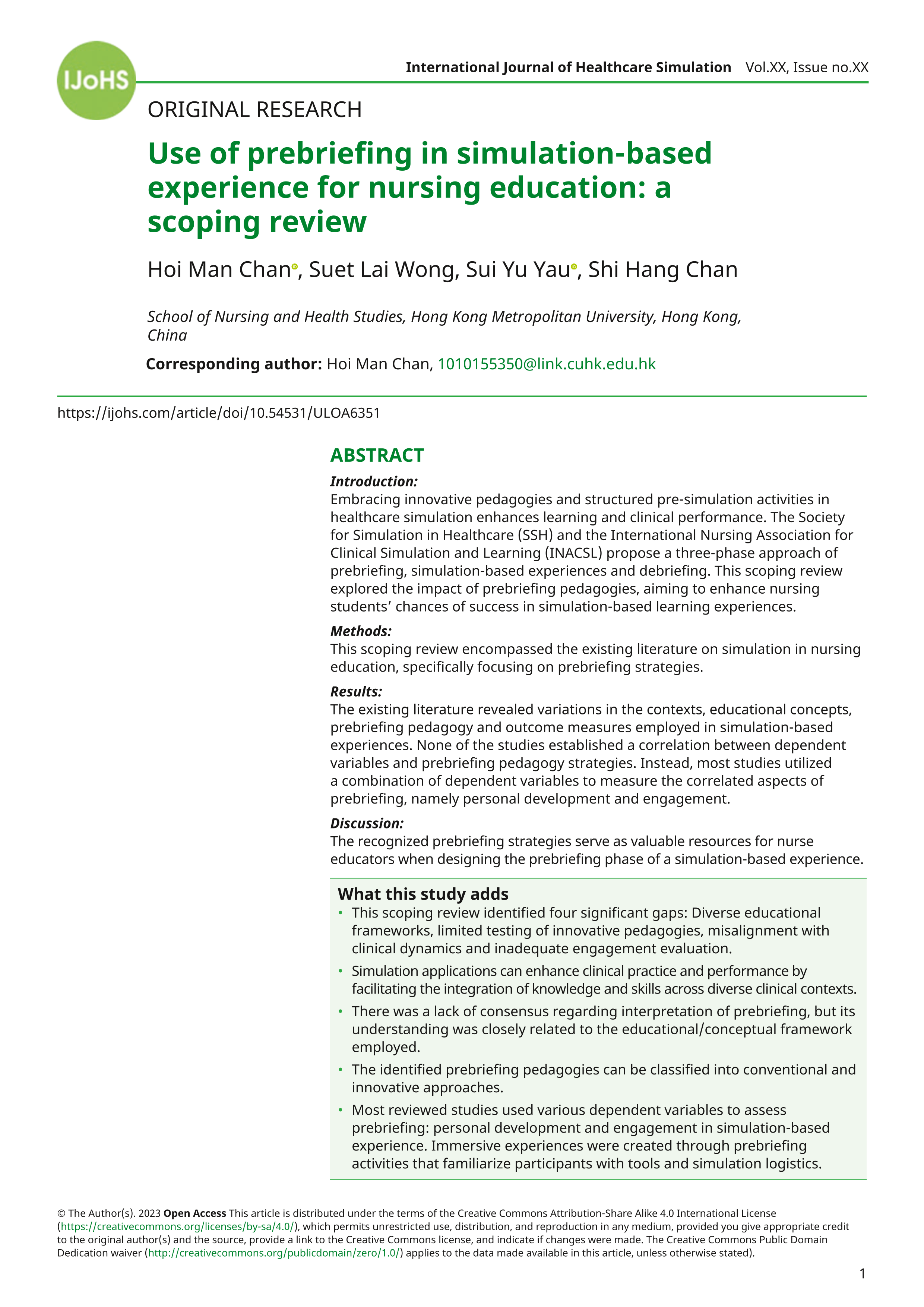 Use of prebriefing in simulation-based experience for nursing education: a  scoping review