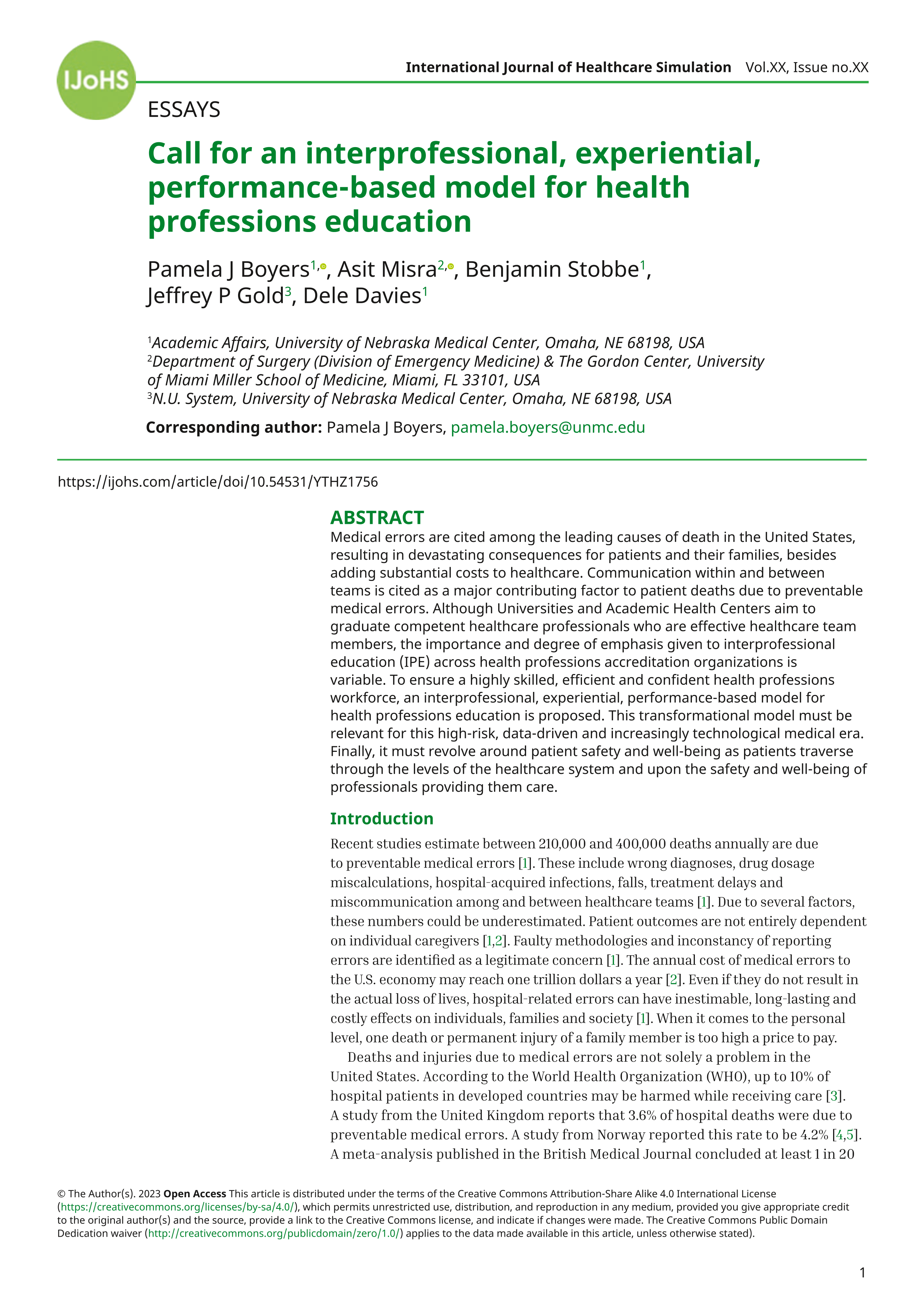 Call for an interprofessional, experiential, performance-based model for  health professions education