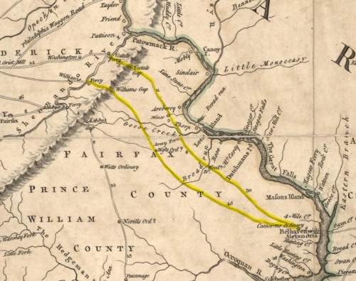 Portion of Map by Jefferson and Fry of Virginia Drawn in 1751 (Published 1755), Highlight Indicates Main Roads, Courtesy Library of Congress