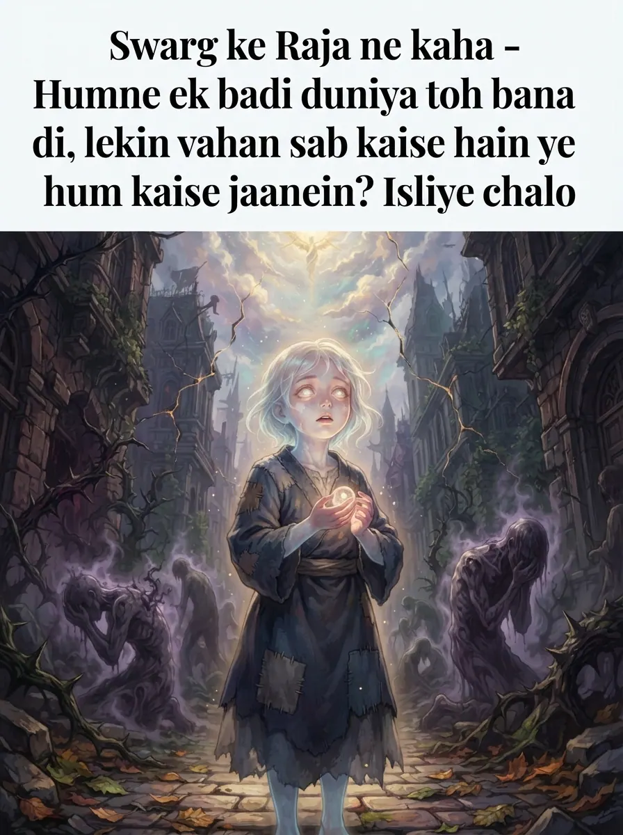 Swarg ke Raja ne kaha - Humne ek badi duniya toh bana di, lekin vahan sab kaise hain ye hum kaise jaanein? Isliye chalo