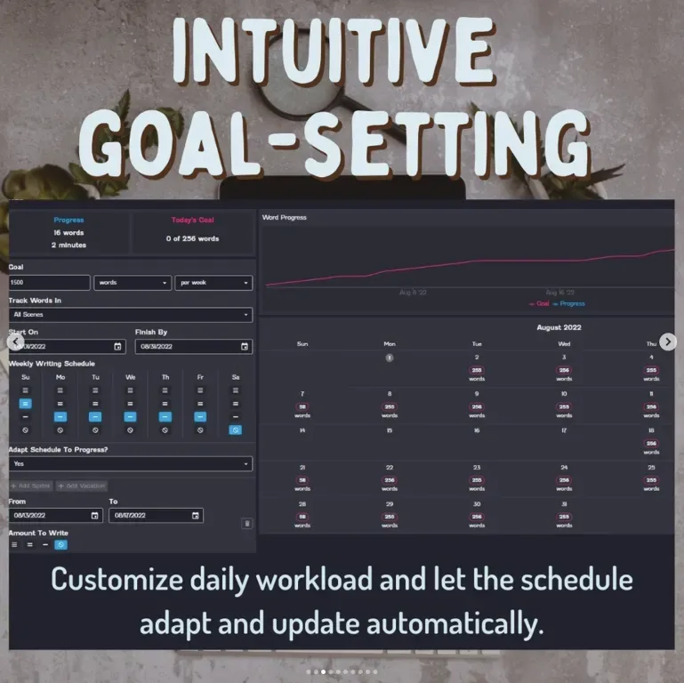 novelpad's goal setting feature. "customize daily workload and let the schedule adopt automatically"