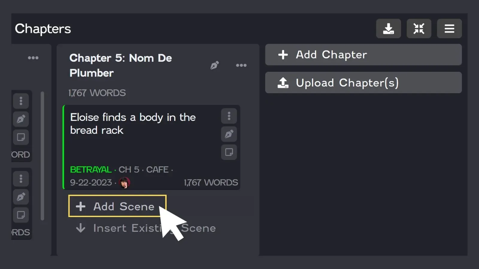  how to add a scene in novelpad