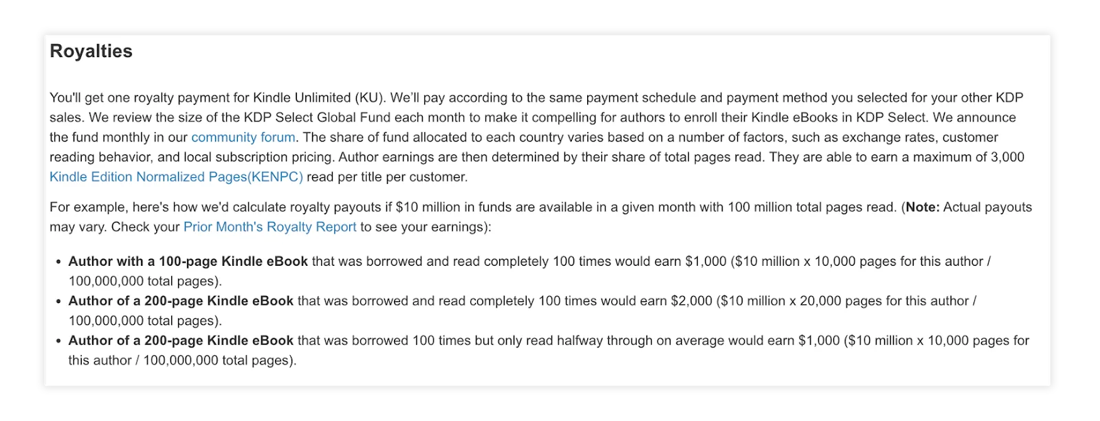 Royalty breakdown for Kindle Unlimited