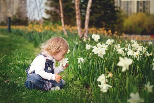  child smelling flower