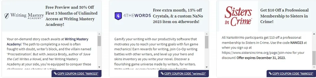  nanowrimo discount codes 2023 writing mastery academy, 4thwords, sisters in crime