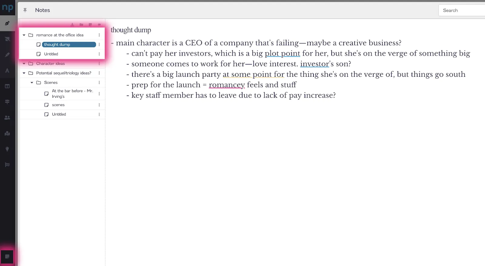 novelpad notes character thought dump as a starting point in novel outline