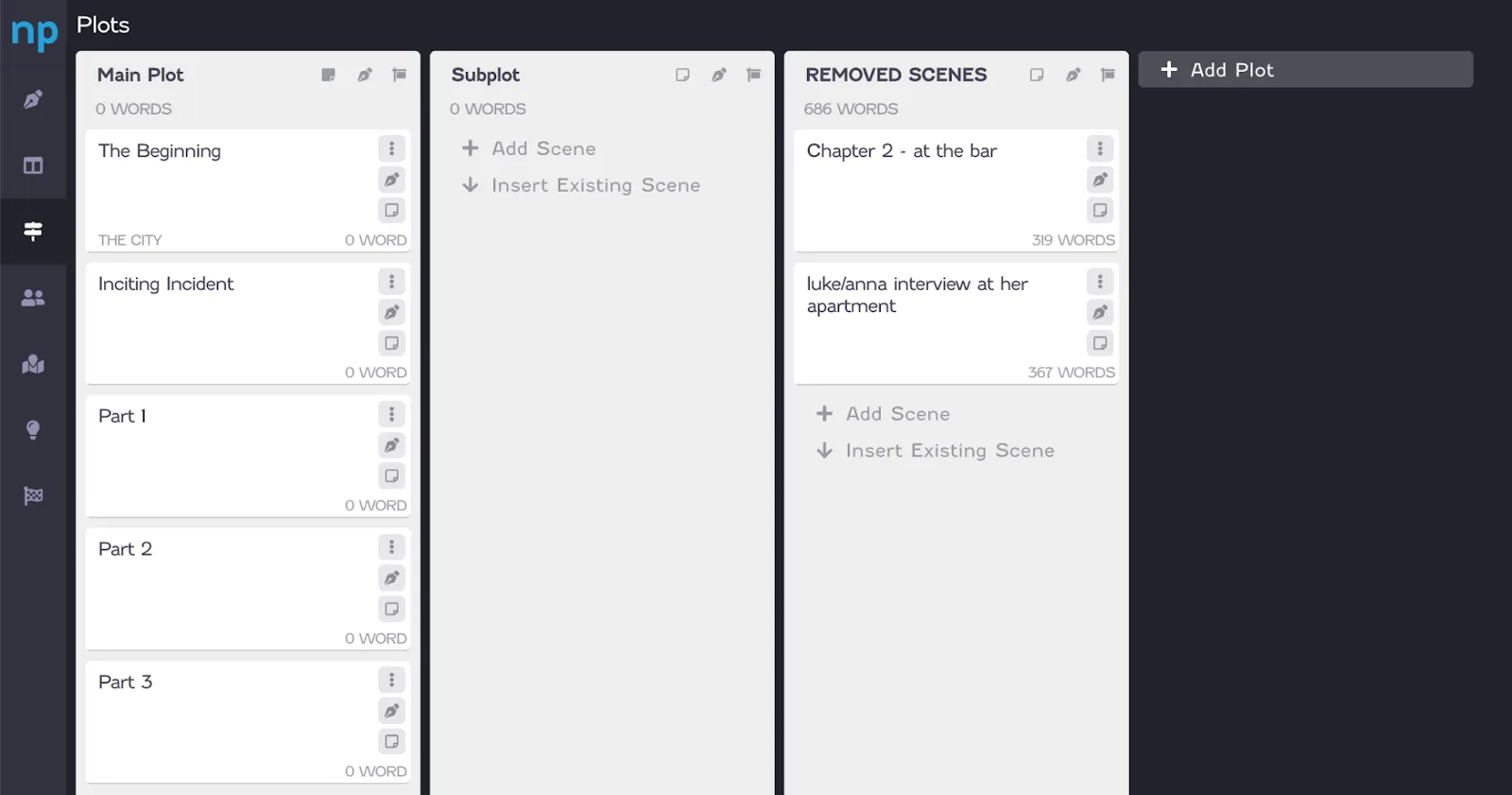 NovelPad plot board with main plot, subplot, and removed scenes columns