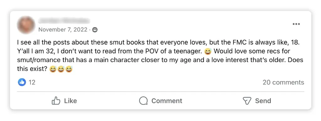   Facebook user requesting smut books with older protagonists