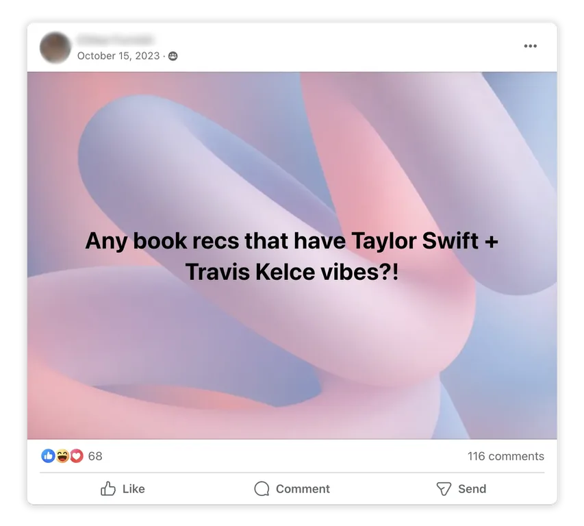  Facebook user requesting book recommendations that have Taylor Swift and Travis Kelce vibes