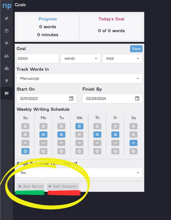 novelpad goal tracker add sprint add vacation