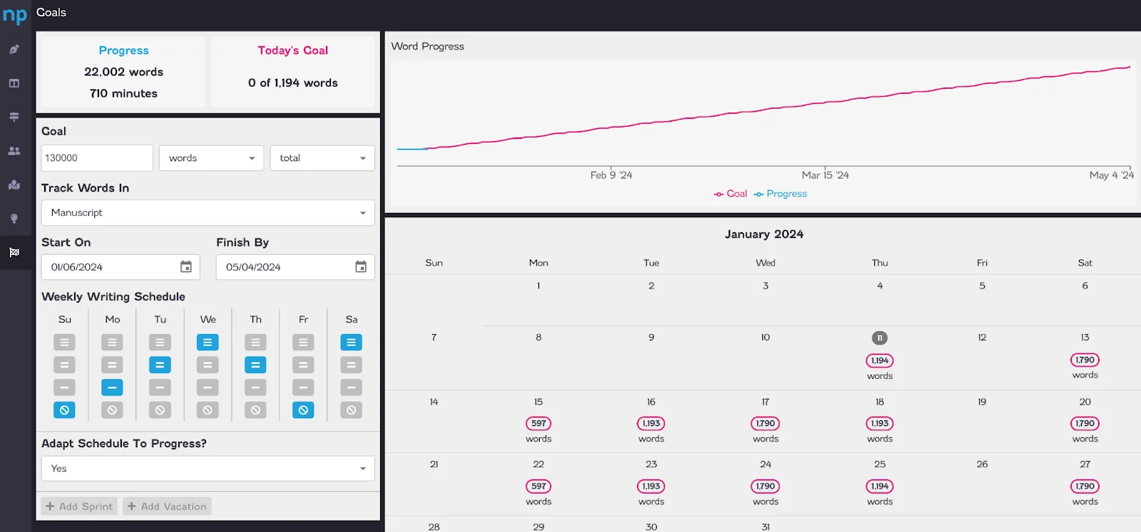 novelpad goal tracking