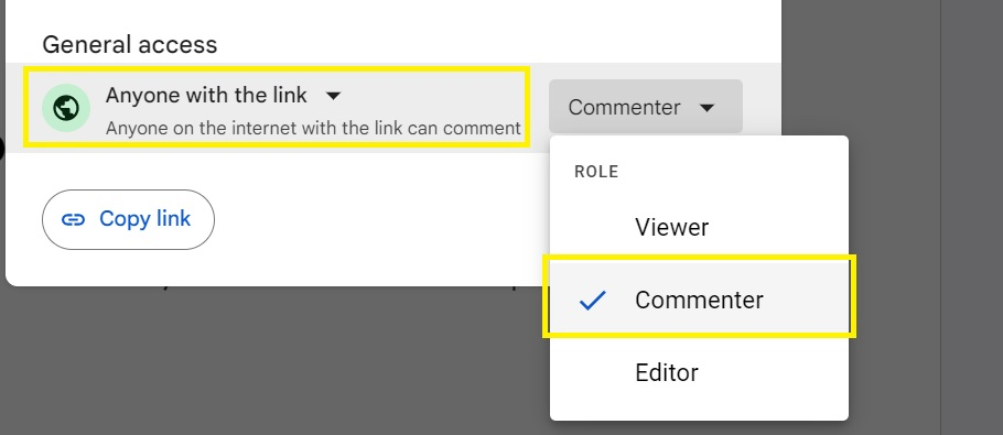 anyone with link can comment share feature google docs