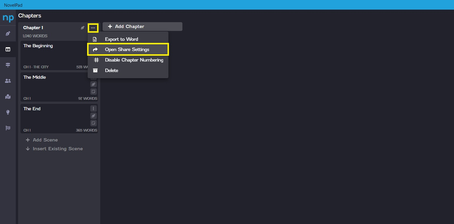 open share settings novelpad