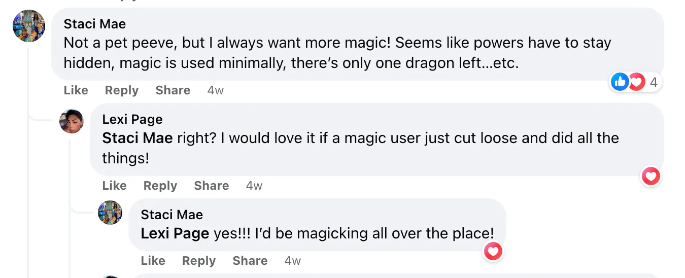 facebook exchange of readers asking for a more common magic system in fantasy novels