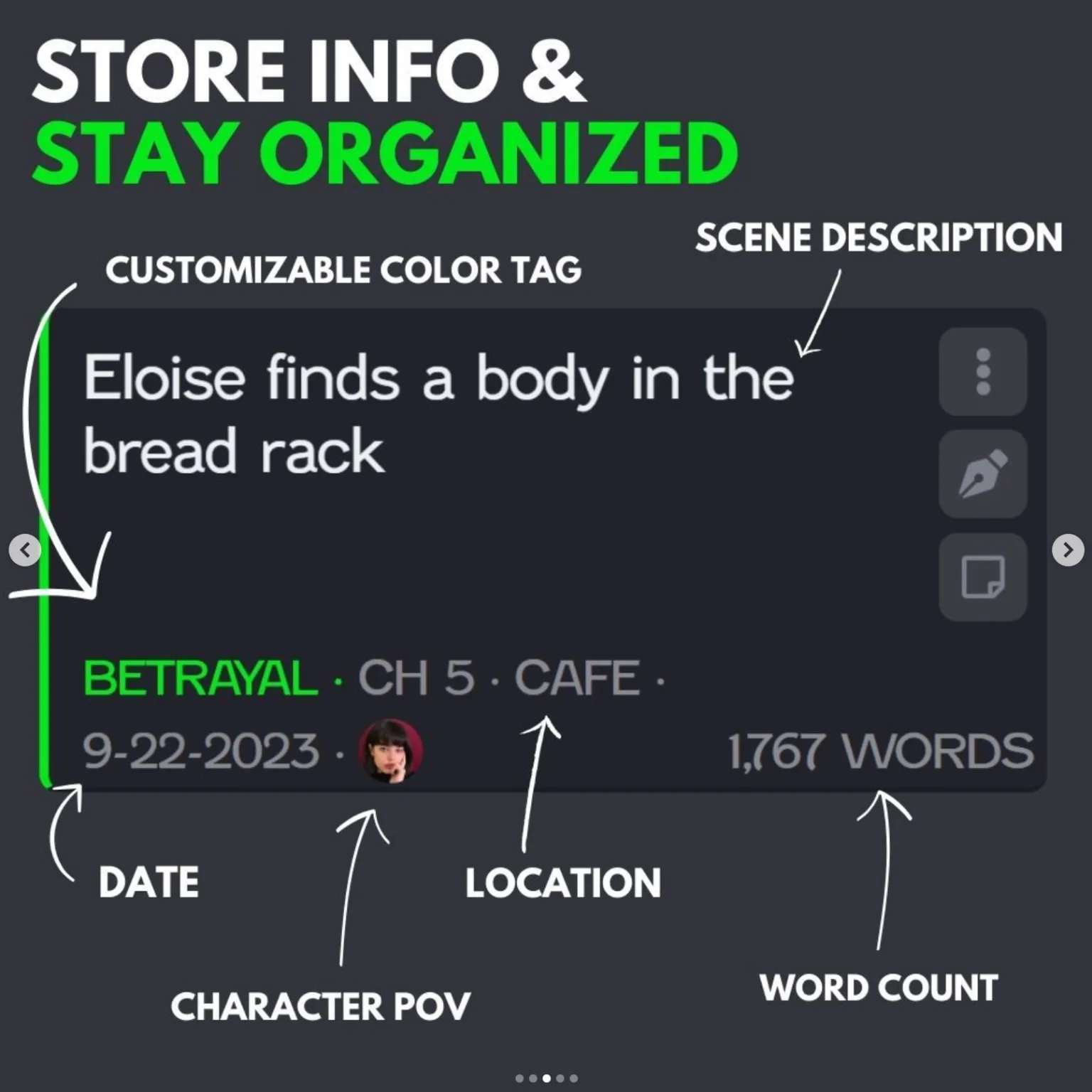 NovelPad scene card with customizable color tag, scene description, date, character POV, location, and word count 
